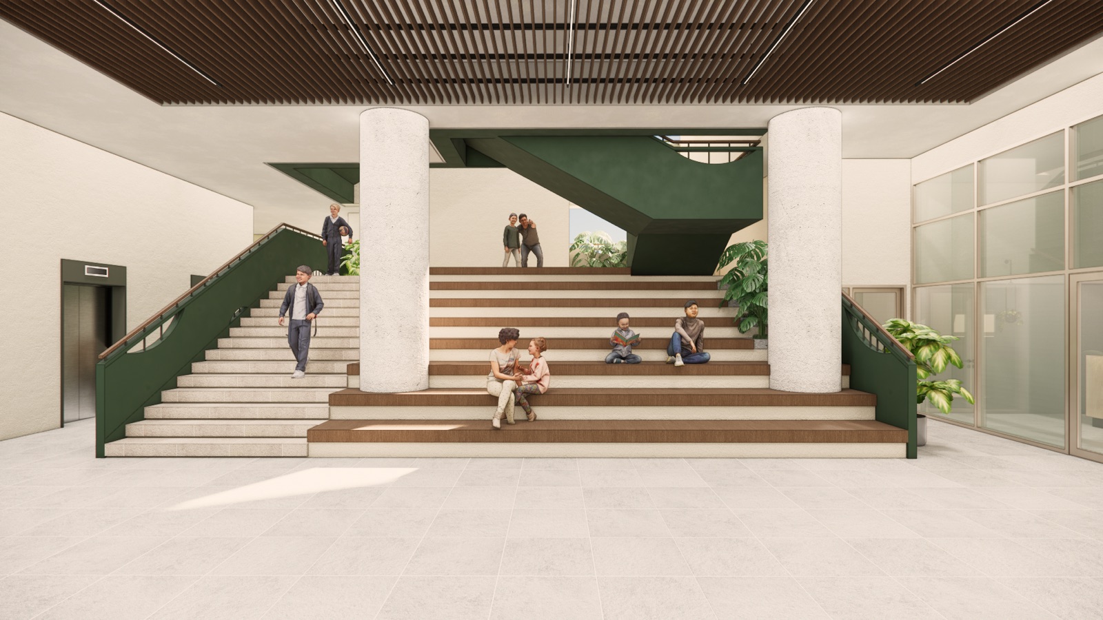 Render of the new Elementary campus — indoor amphitheater