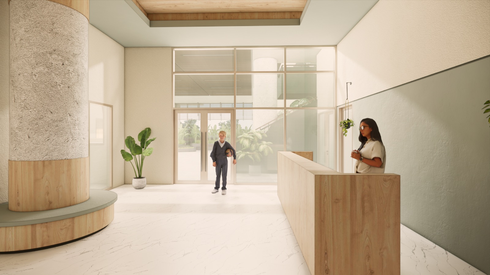Render of the new Elementary campus — main lobby