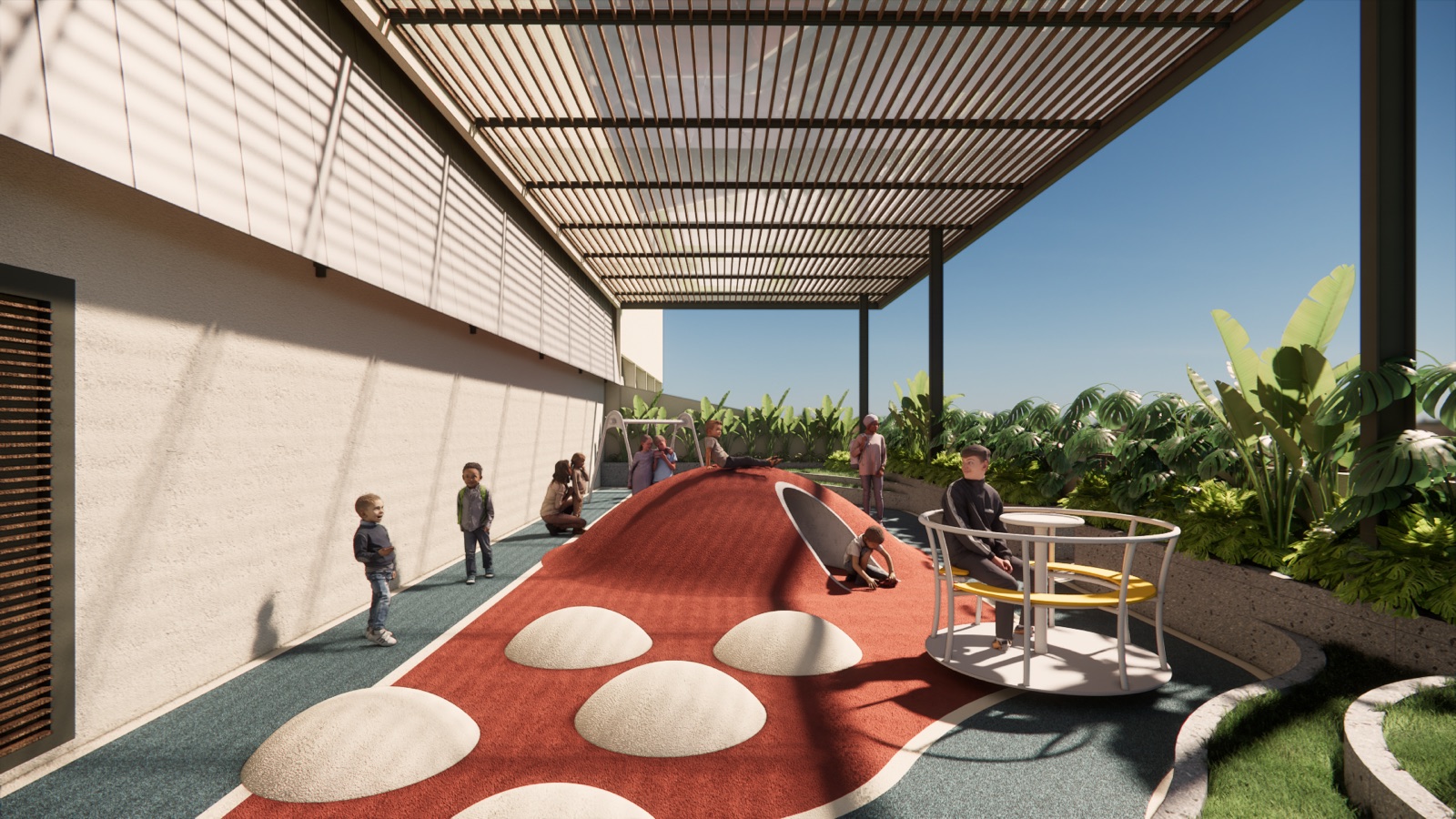 Render of the new Elementary campus — rooftop playground