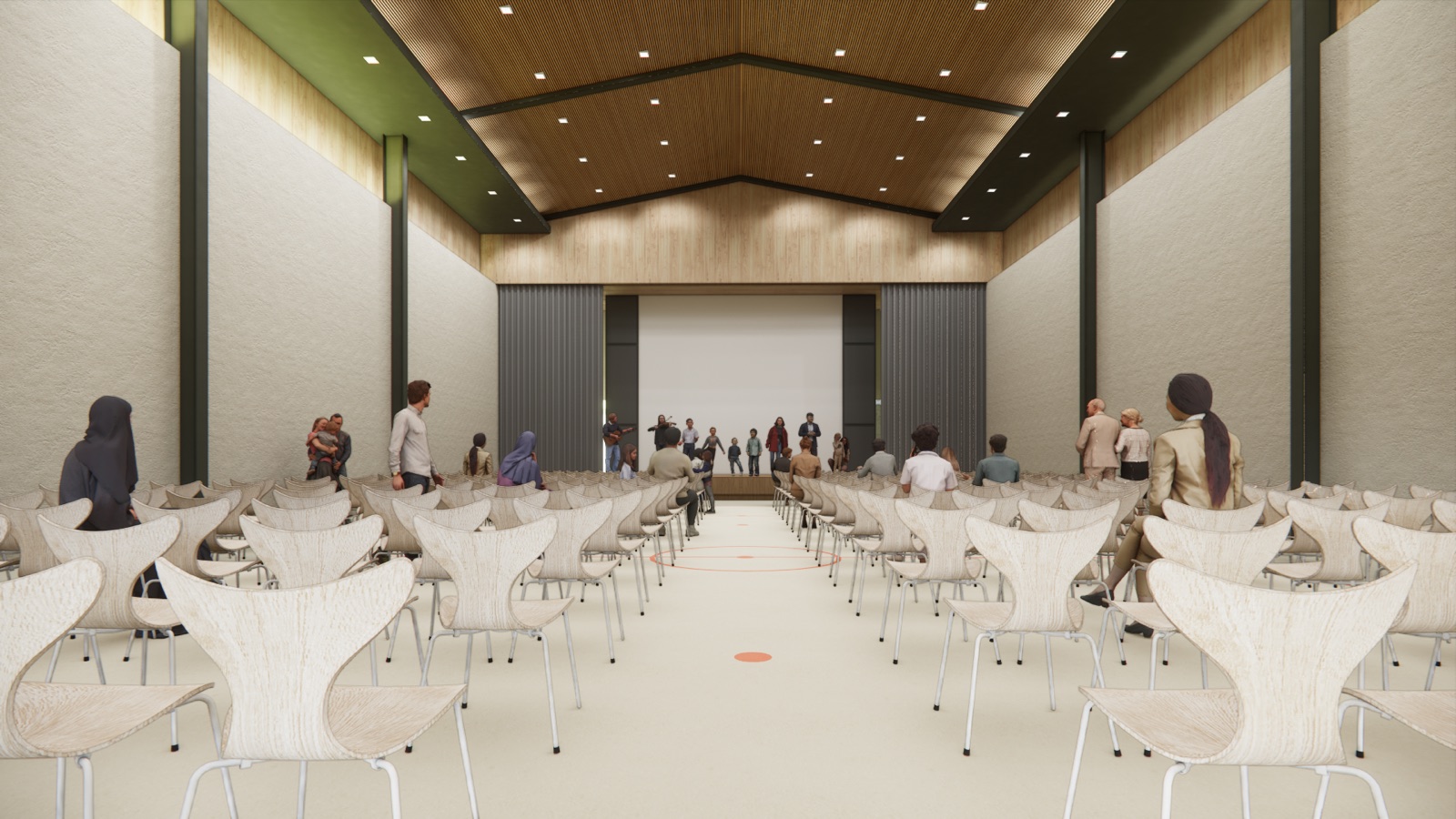 Render of the new Elementary campus — auditorium in theater layout