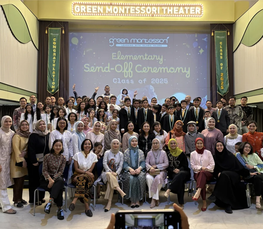 Graduating students, parents and teachers together at the Elementary Send-Off Ceremony, Class of 2025, in the Green Montessori Theater